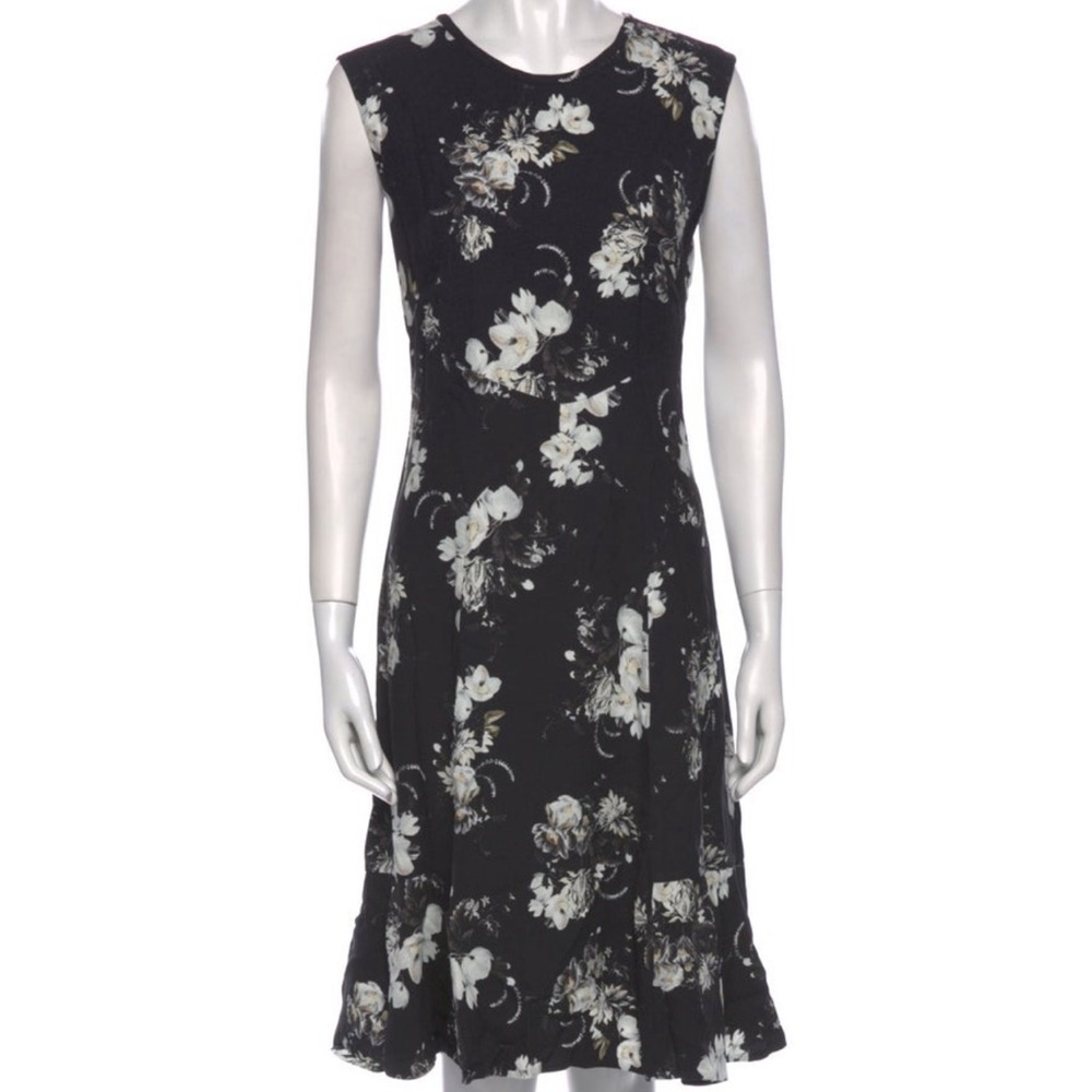 ERDEM Jana Floral Knee Length Crepe Black Floral Sleeveless Midi Dress Ruffle 12 - Picture 11 of 13